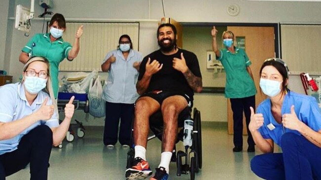 Mose Masoe has been an inspiration after suffering a severe spinal injury in 2020. Picture: Instagram @mosemasoe