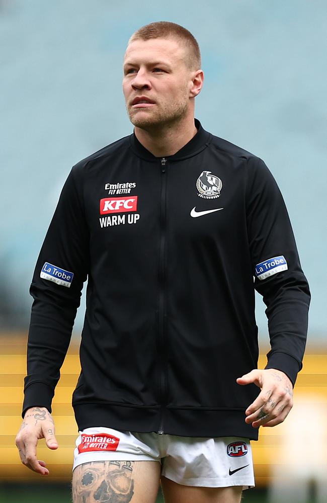 Jordan De Goey’s groin injury will be assessed as he hopes to be part of the Pies finals push. Picture: Graham Denholm/AFL Photos/via Getty Images