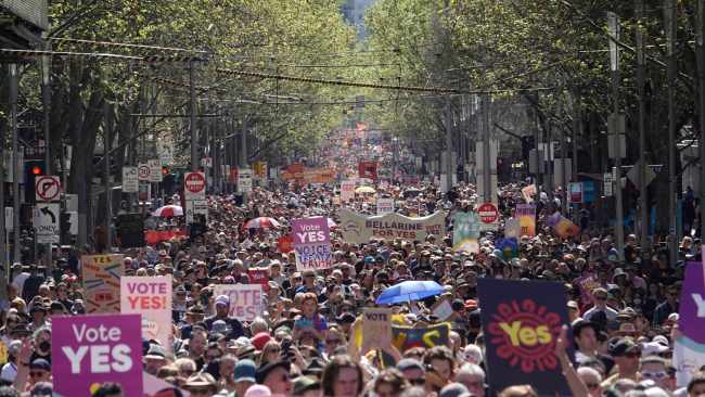 Melbourne residents turn out in their thousands to walk in support of the Voice referendum. Picture: NCA NewsWire / Valeriu Campan
