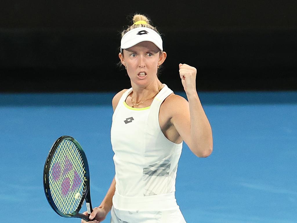 Storm Hunter celebrates a point on her way to the third round. Picture: Kelly Defina/Getty Images