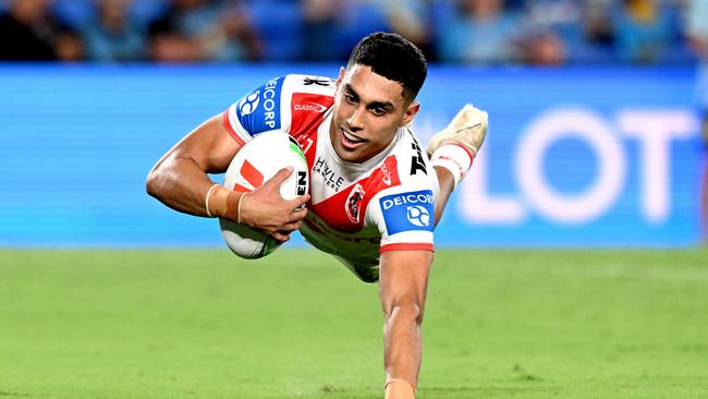 GOLD COAST, AUSTRALIA - MARCH 09: Tyrell Sloan of the Dragons satduring the round one NRL match between the Gold Coast Titans and St George Illawarra Dragons at Cbus Super Stadium, on March 09, 2024, in Gold Coast, Australia. (Photo by Bradley Kanaris/Getty Images)