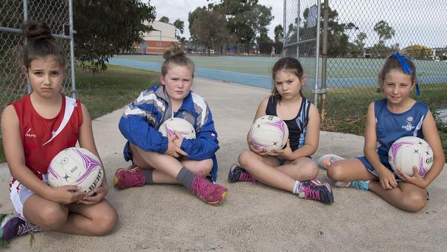 Violet, Lucy, Amelie, and Isabella at the Aberfeldie Primary School courts that are out of action until late April. Picture: Ellen Smith