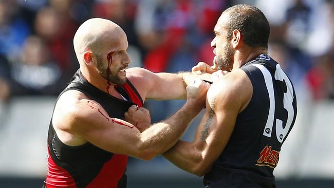 There’s plenty of feeling — and history — between Essendon and Carlton, as evidenced by Paul Chapman’s 2015 run-in with Chris Yarran. Pic: Michael Klein