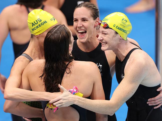 Emma McKeon, Bronte Campbell, Meg Harris and Cate Campbell of Team Australia celebrate after winning the gold medal in Tokyo. Picture: Getty Images