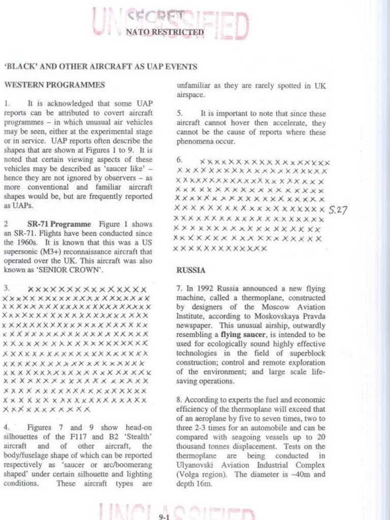 Redacted documents appearing to remove two "Black Project" vehicles from the UK's report into UFOs