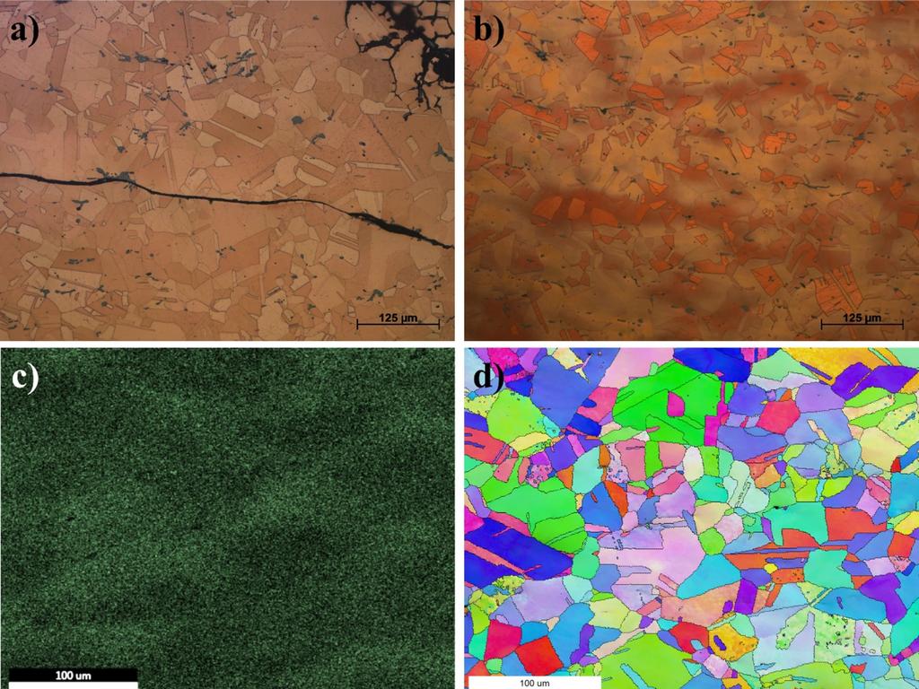 Results of microstructural investigation of the Nebra Sky Disc. (a) Optical microscopy – grain boundary etching, (b) optical microscopy – colour etching, (c) EDS mapping of the tin distribution, (d) EBSD-IPF mapping. Picture: Nature