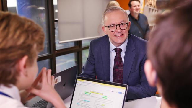 Anthony Albanese discussed Labor’s plans for religious discrimination legislation and wage growth during a visit to his old school on Monday. Picture: Sam Ruttyn