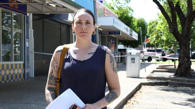 Nightcliff MLA Kat McNamara outside the Nightcliff Friendly Grocer the day after the stabbing death of store owner Linford Feick. Picture: Pema Tamang Pakhrin