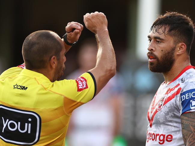 NRL referees have been encouraged to use the sin bin and send-offs more often to stop high contact. Picture: Cameron Spencer/Getty Images