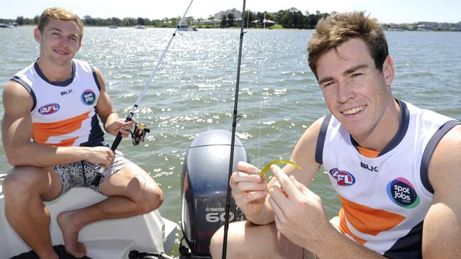 Jeremy Cameron fishing with ex-Giants teammates Devon Smith at Canada Bay in Sydney. Picture: Craig Wilson