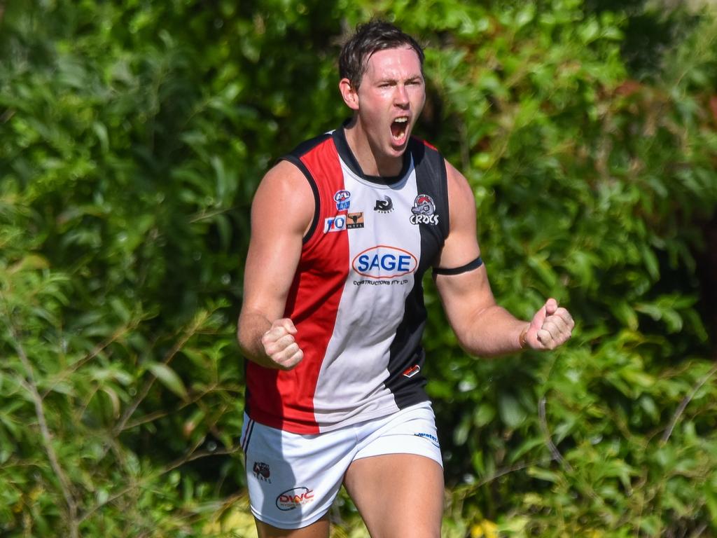 Southern District's Sam Dunstan celebrates a goal against Wanderers in Round 10 of the NTFL season. Picture: Tymunna Clements / AFLNT Media.