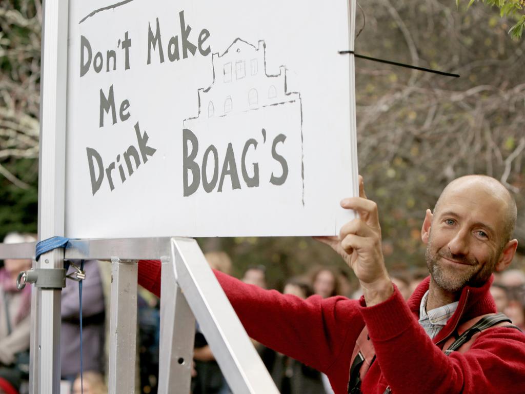 A man makes his point at the Mountain Mayday Rally at the Cascade Gardens in South Hobart. Picture: PATRICK GEE