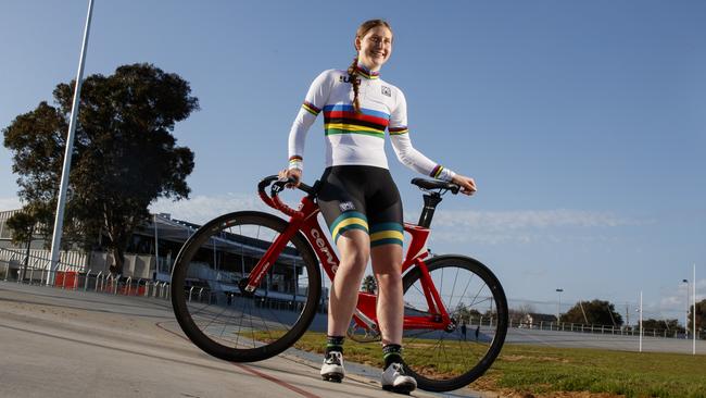 Rising star cyclist Ella Sibley, who is now a world junior champion, at the Edwardstown velodrome. Picture: Matt Turner