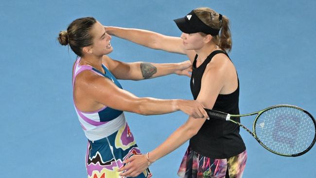 Sabalenka and Elena Rybakina exchange greetings at the net. Picture: AFP