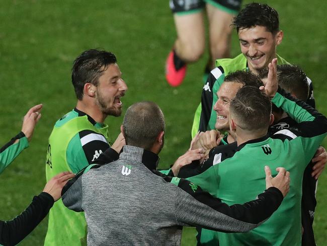 Western United players celebrate an Alessandro Diamanti goal in a 5-3 win over Western Sydney. Picture: Mark Metcalfe/Getty Images