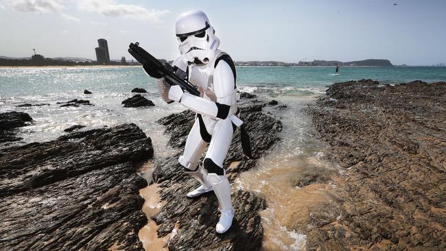 Star Wars fan Sean Mays donned his Stormtrooper costume for the premiere. Picture: Glenn Hampson