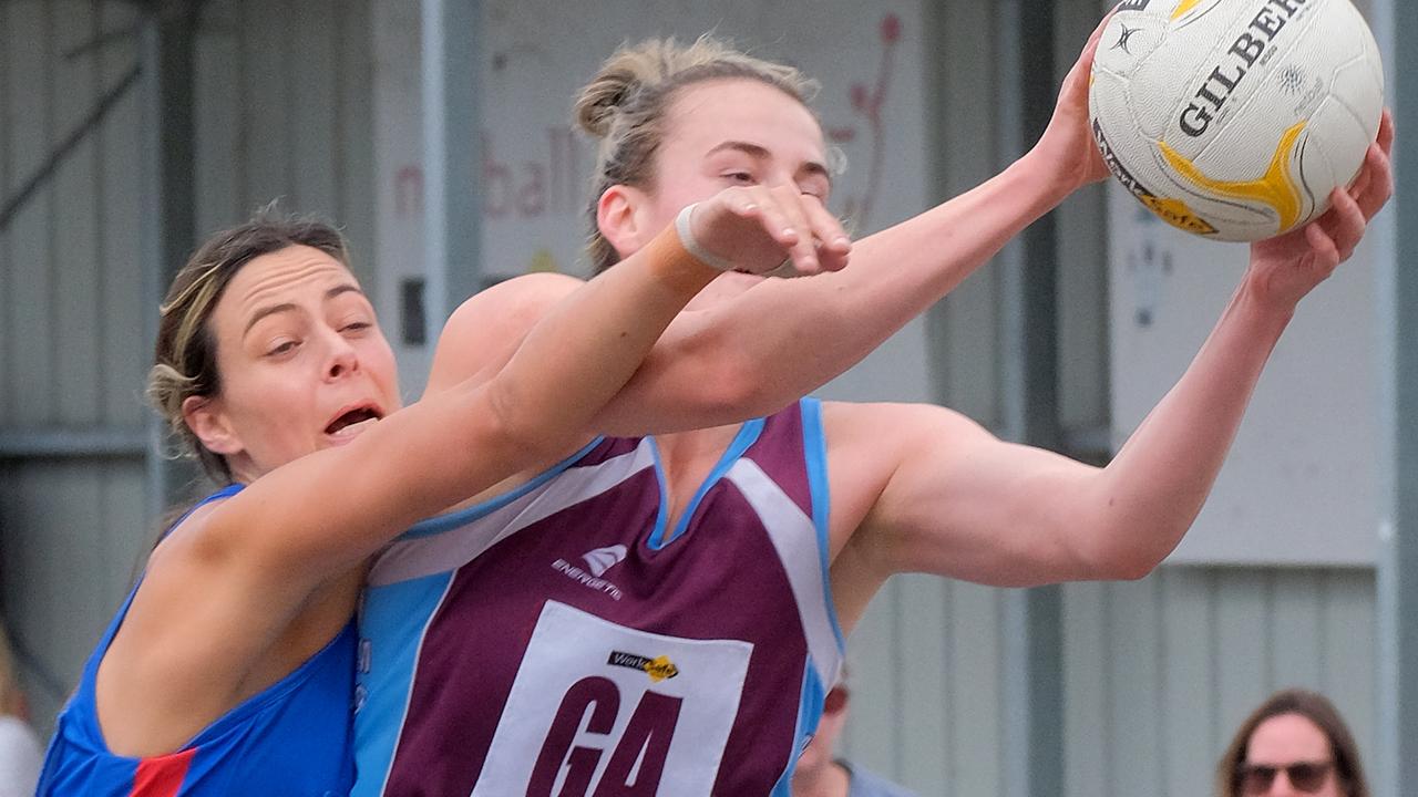 A Grade netball BFL: Modewarre v Queenscliff. Queenscliff Goal defence Julia Mitchell and Modewarre Goal attack Katrina Biscan Picture: Mark Wilson