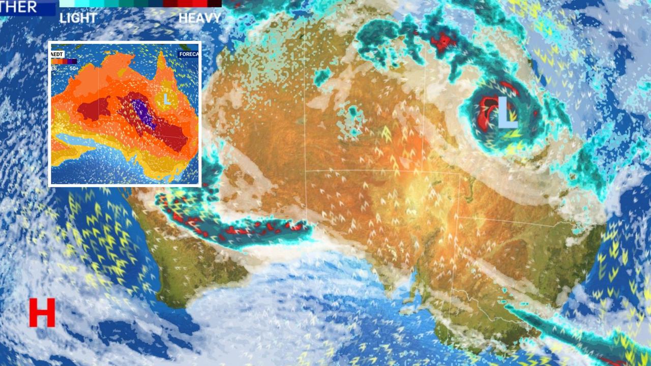 Australians are facing dire conditions ahead of Australia Day as the tropical low bears down on the east coast while temperatures skyrocket elsewhere. Picture: Sky News Weather