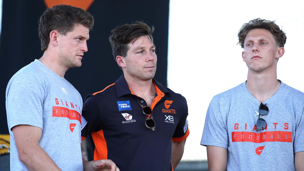 Jacob Hopper, Toby Greene and Lachie Whitfield on Sunday. Photo: Phil Hillyard