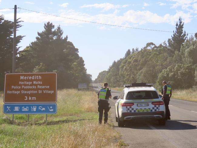 Police set up a road block at the corner of Midland Highway and Gargans Rd after a fatal crash at Meredith on Tuesday morning. Picture: Timothy Cox