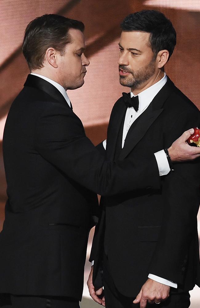 Time will tell if Matt Damon will pop up at the Emmys to taunt his rival, Jimmy Kimmel (right). Picture: Getty Images