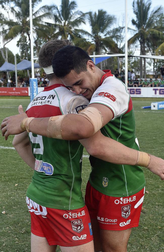 Mitch Cronin and Junior Pauga embrace during the Queensland Cup preliminary final between Townsville Blackhawks and Wynnum Manly Seagulls. PICTURE: Matt Taylor.