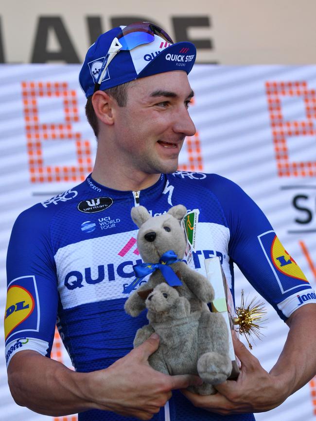 Italian Olympic gold medallist Elia Viviani, riding for Quickstep, can’t hide his delight after winning Stage Three of the Tour Down Under in Victor Harbor. Picture: AAP Image/David Mariuz