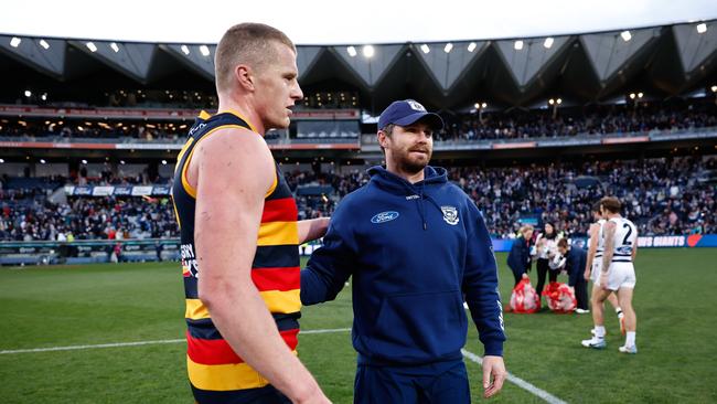 Patrick Dangerfield with Reilly O'Brien after the game. Picture: Getty Images