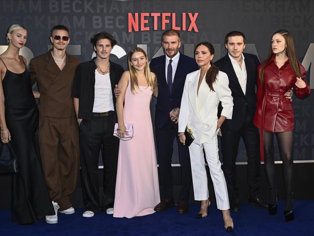 Brooklyn Peltz Beckham and Nicola Peltz Beckham with the Beckham family in 2023 before things went sour. Picture: Getty Images