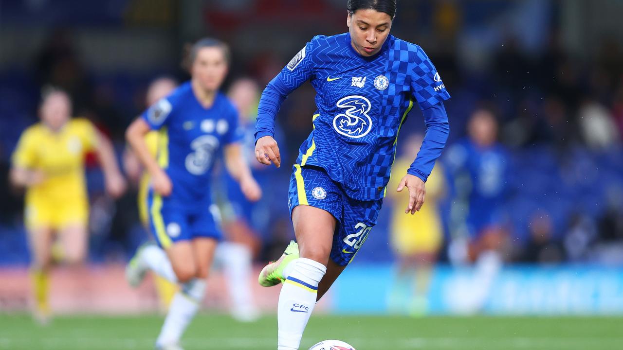 Sam Kerr on the fly for Chelsea. Picture: Getty Images