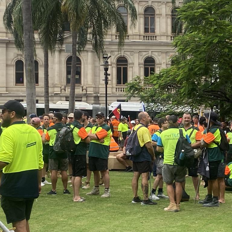 A CFMEU protest in the wake of a tragic worker death has shut down Brisbane’s CBD.