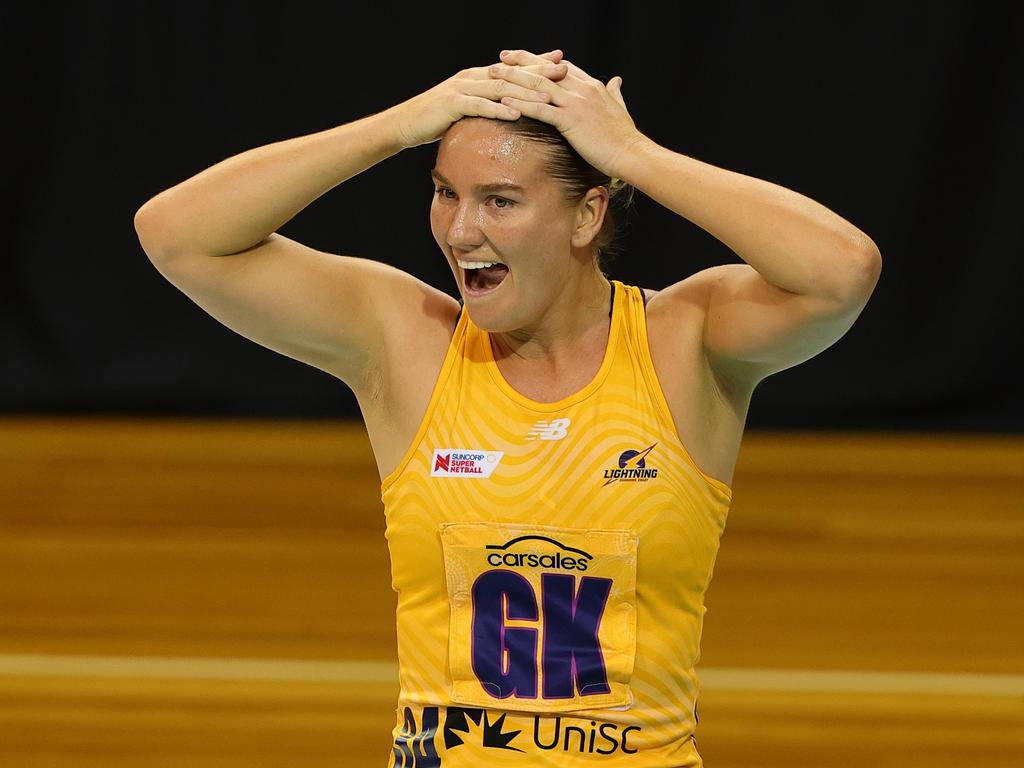 Sunshine Coast Lightning star Courtney Bruce reacts during the shock win against the Thunderbirds. Picture: Getty Images