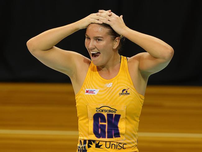 Sunshine Coast Lightning star Courtney Bruce reacts during the shock win against the Thunderbirds. Picture: Getty Images