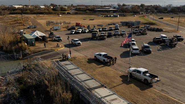 Texas law enforcement's staging ground for military equipment and National Guard soldiers at Shelby Park in Eagle Pass. Picture: Getty Images