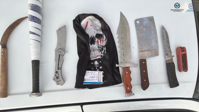Knives were among items seized from a white Ford sedan at West Hindmarsh in the early hours of Sunday morning. Picture: SAPOL