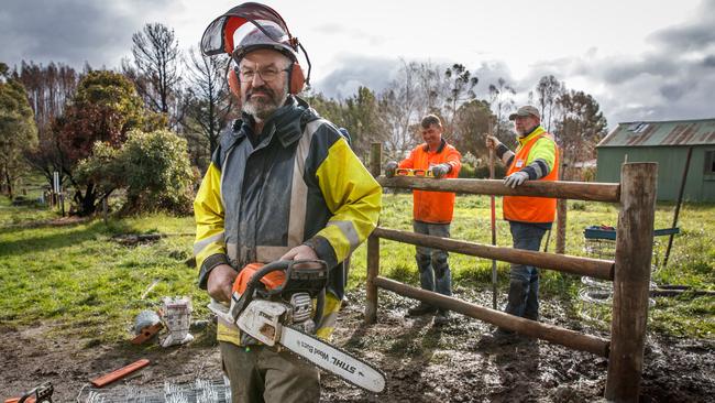 BlazeAid volunteers Jim Burford, Chris Sumner and Merv Trimper near Lobethal, back in action after COVID-19 restrictions were eased. Picture: Matt Turner