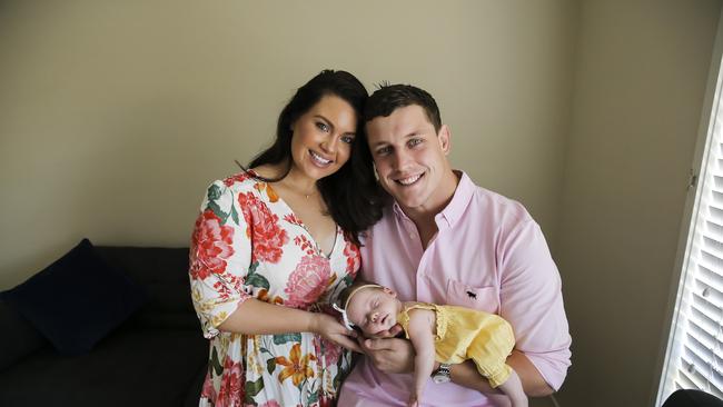 Courtney Thorpe and Jarrod Wallace with their new baby Kennedy Grace Wallace. Pic Mark Cranitch.