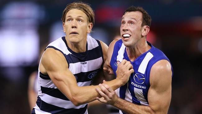 Todd Goldstein battles Geelong ruckman Rhys Stanley. Picture: Michael Dodge/Getty Images.