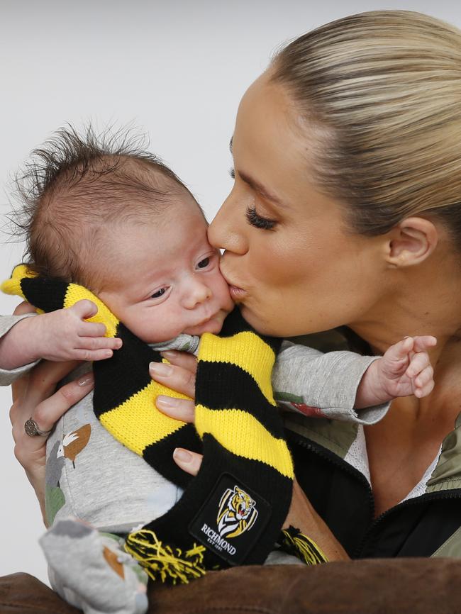 Brooke Cotchin, wife of Tigers captain Trent Cotchin, with new baby boy Parker. Picture: David Caird