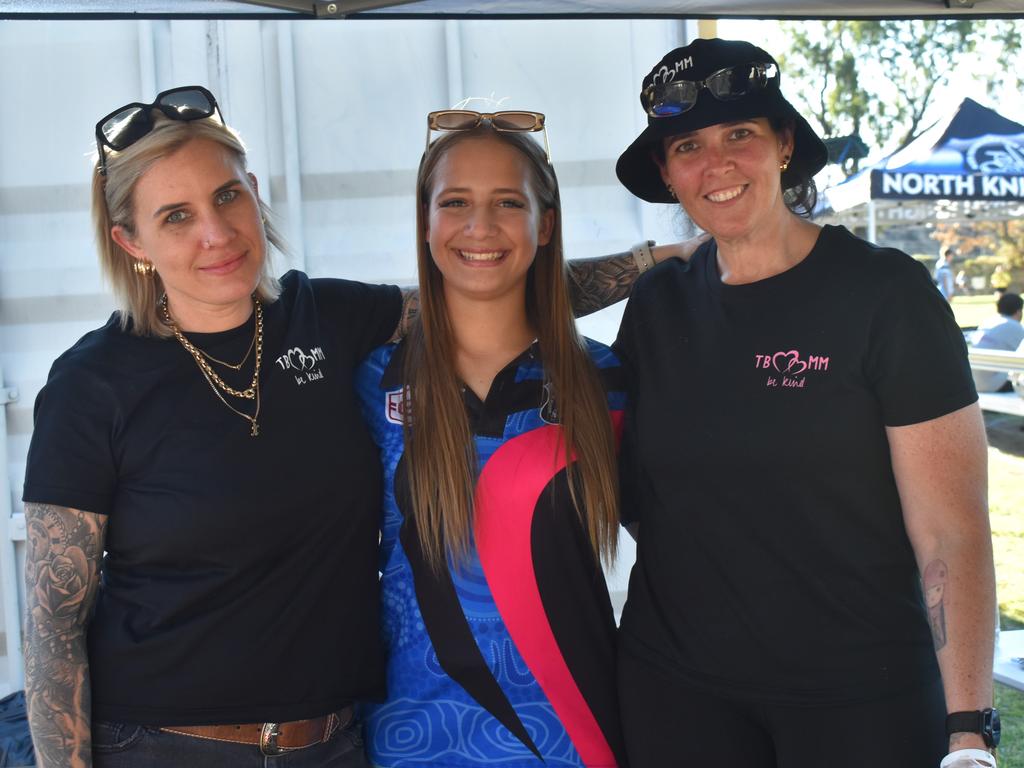 Alysha Richardson, Kiara Jamison and Rebecca Bowen at Norths Chargers' inaugural TBMMBEKIND Day at the Gymmy Grounds, Rockhampton, on July 20, 2024.