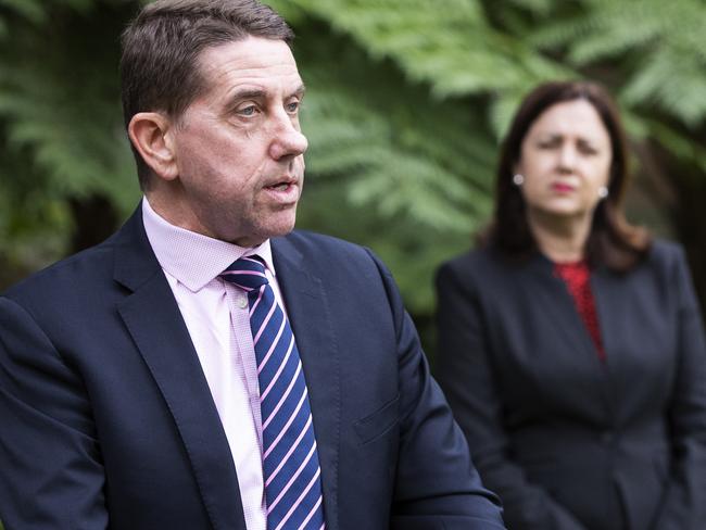 Queensland Treasurer Cameron Dick address media (Premier Annastacia Palaszczuk in the background) at Queensland Parliament, 2 George St, Brisbane, 10th of May 2020. (News Corp/Attila Csaszar)