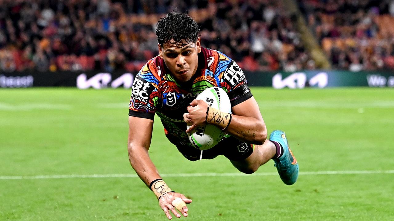 Selwyn Cobbo scored three tries for the Broncos against the Knights at Suncorp Stadium. Picture: Bradley Kanaris/Getty Images