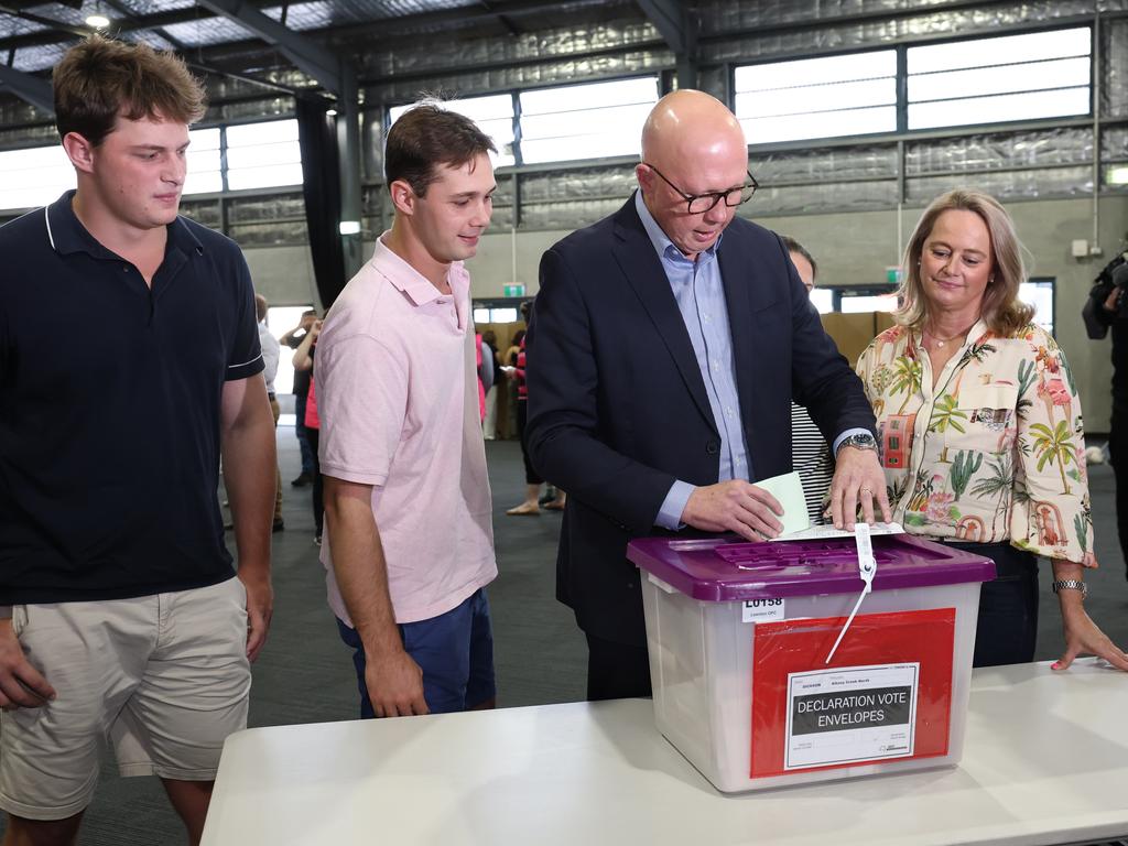Mr Dutton cast his vote flanked by his family on Saturday. Picture: Adam Head / NewsWire