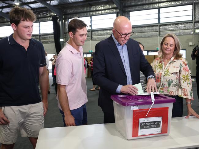 Mr Dutton cast his vote flanked by his family on Saturday. Picture: Adam Head / NewsWire