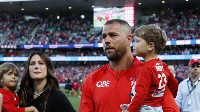 Buddy Franklin, his wife Jesinta and kids after the Swans legend retired. Picture: Jonathan Ng