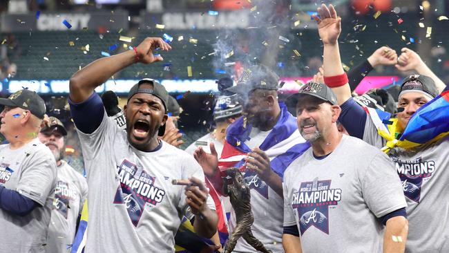 Guillermo Heredia leads the Atlanta Braves celebrations. Picture: Getty Images.