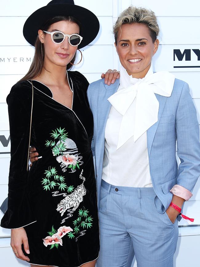 AFLW player Moana Hope (right) and Isabella Carlstrom pose at the Myer Marquee on Oaks Day at Flemington Racecourse last year. Picture: Scott Barbour/Getty Images