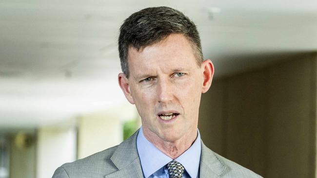 Transport and Main Roads Minister Mark Bailey at the fiery press conference at Parliament House. Picture: Richard Walker