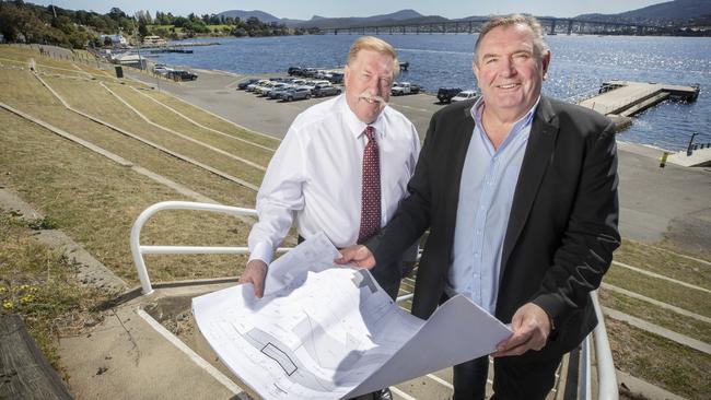 $2.3 billion precinct-scale urban renewal project, including roofed AFL stadium, for Hobart. Stakeholder relations Paul Lennon and Managing Director of Stadia Precinct Consortia Dean Coleman at Macquarie Point. Picture: Chris Kidd