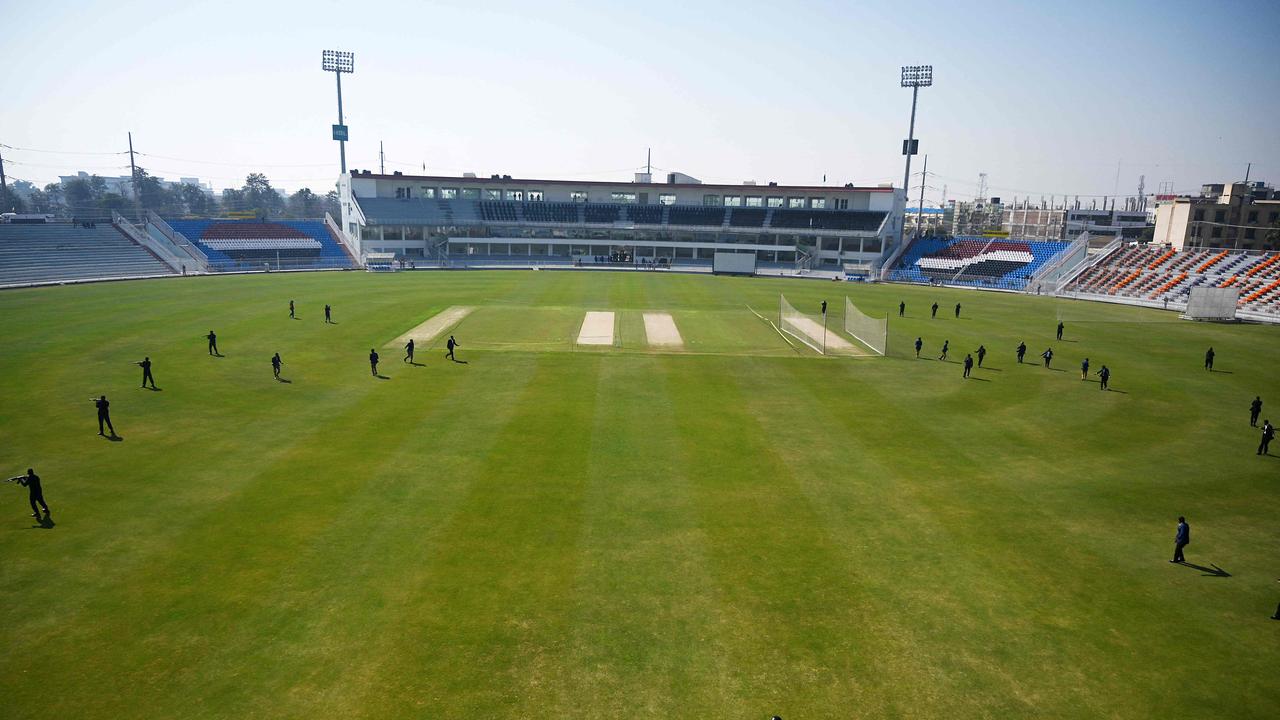 Security personnel conduct a security drill at the Rawalpindi Cricket Stadium ahead of the first Test. Picture: Aamir QURESHI/AFP